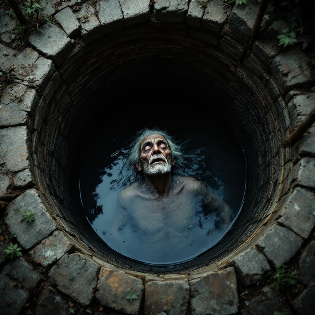 AI generated: top camera angle - taking shot of the depth of an old indian man lying horizontaly  inside an old de...