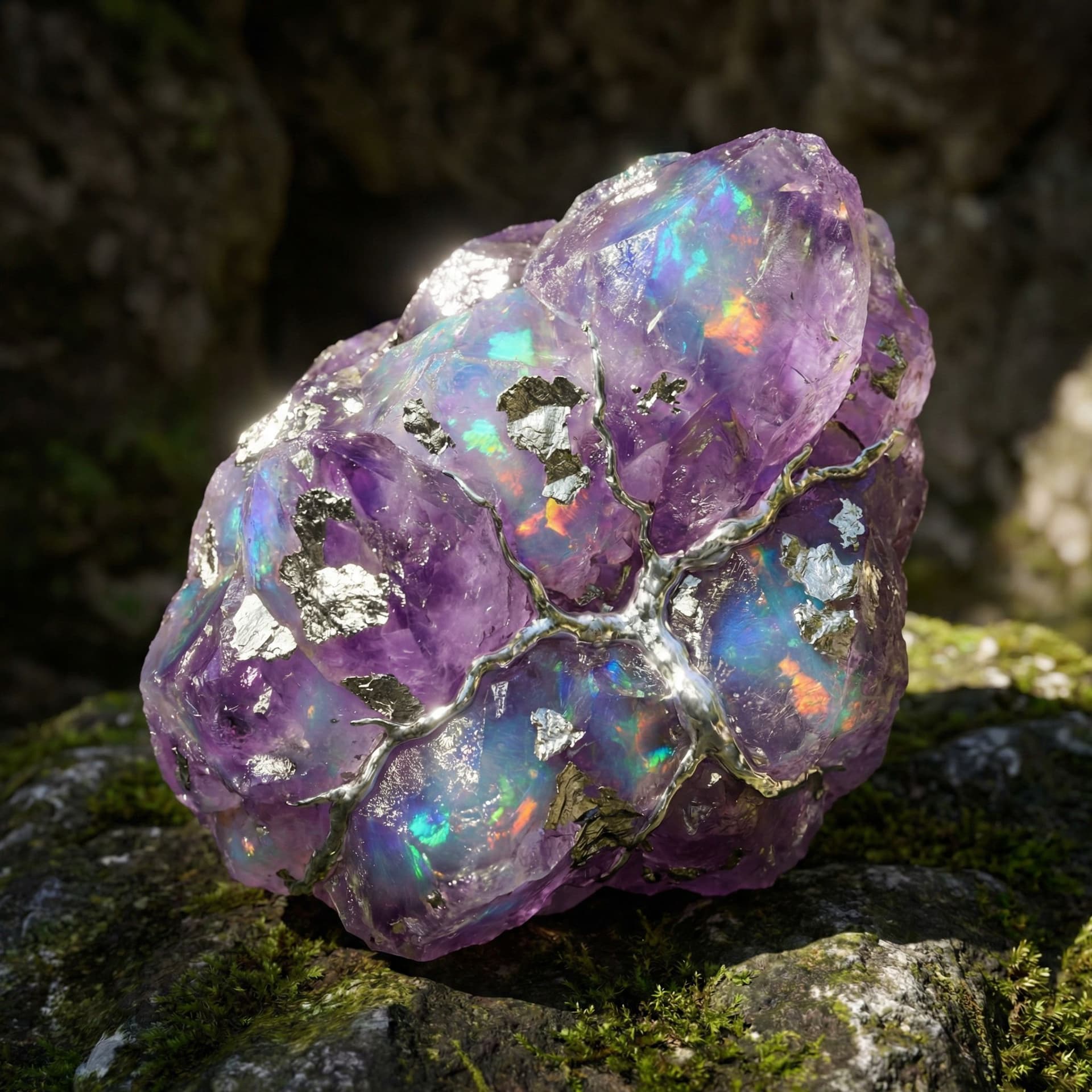 AI generated: A purple crystal with a opal shine and flakes of silver in it and veins that look like platinum