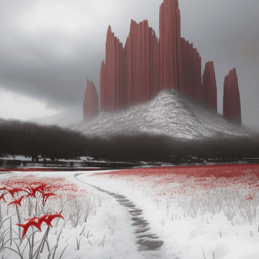 AI generated: Snow scenery, red lilies blooming, two crumbled towers in the distance, grey clouds,