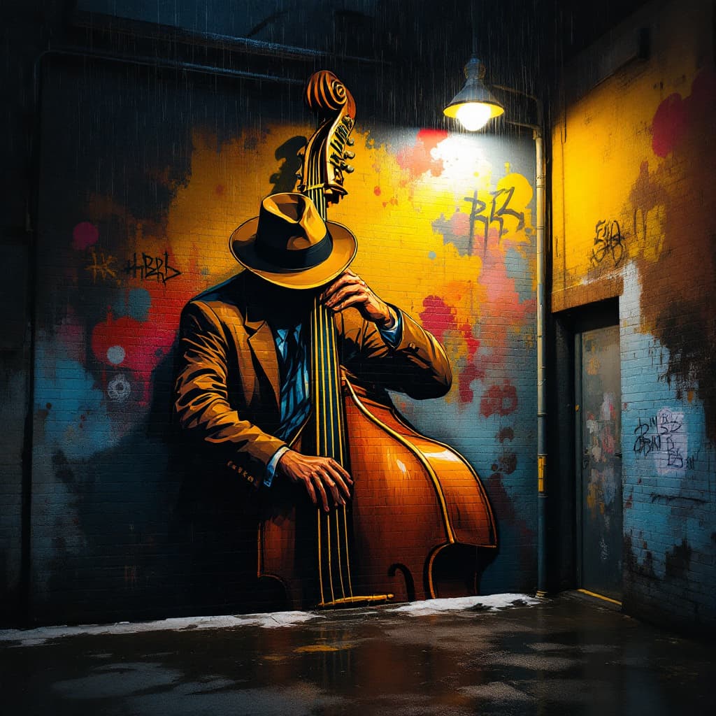 AI generated: Street graffiti spray paint mural of a cool jazz double bass player with a hat low over his eyes. Su...