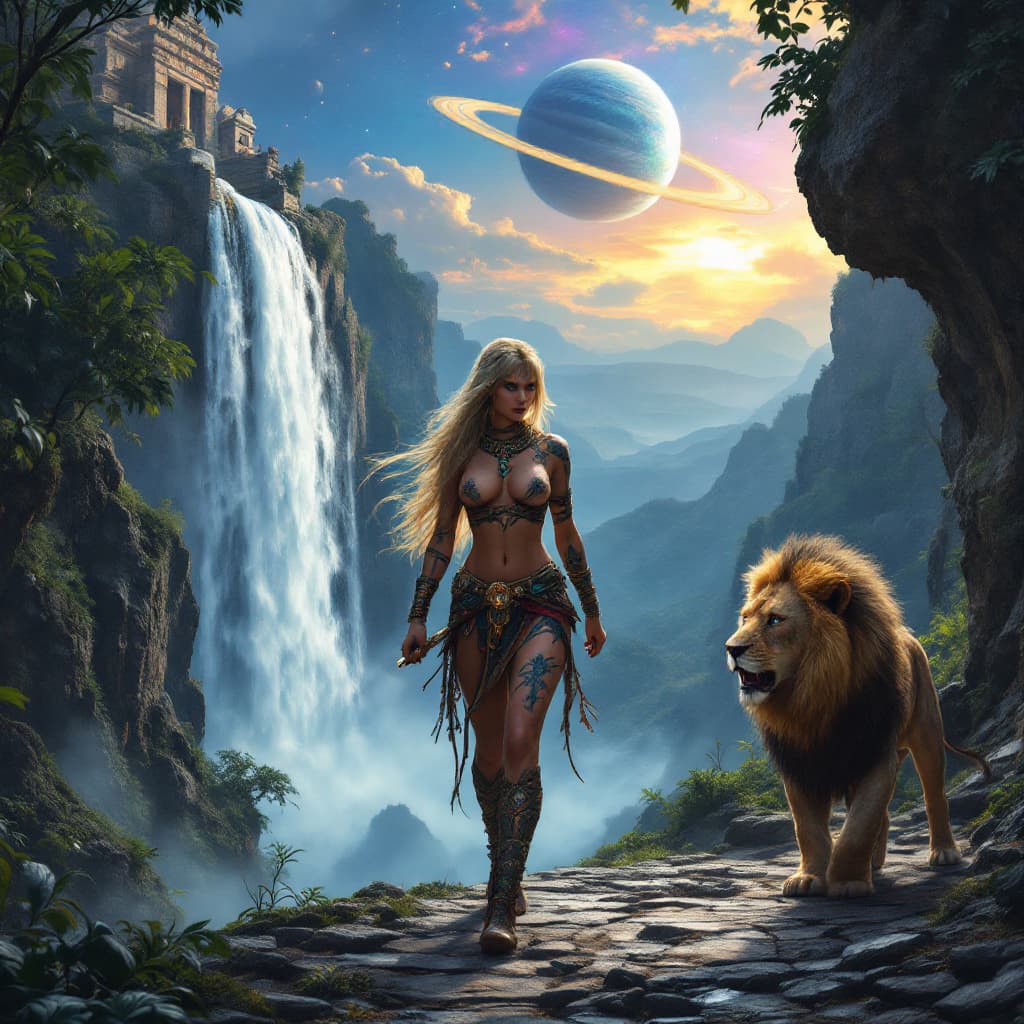 AI generated: Hyper realistic, photo realism, zoomed out full body HD Photo of beautiful, Amazon warrior queen wal...