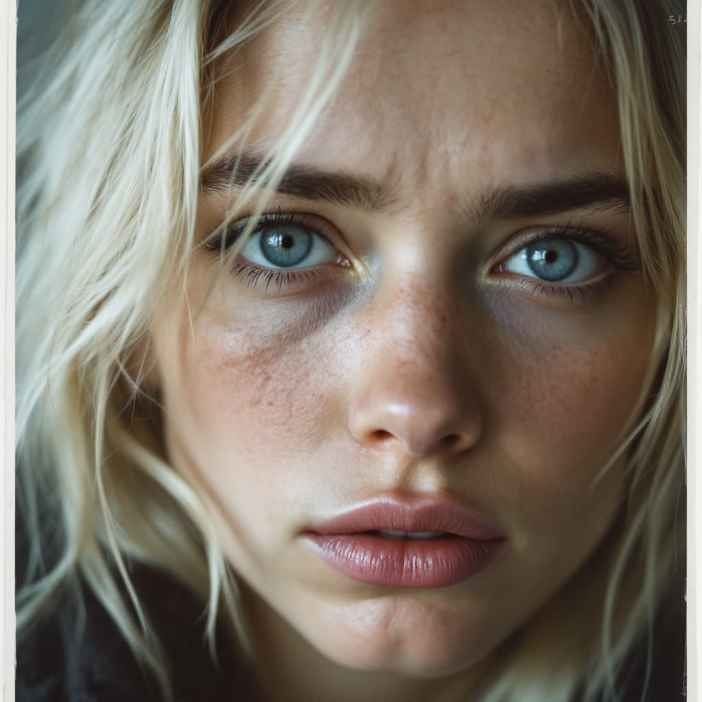 AI generated: female, Caucasian, dark blue eyes, blonde hair. Her face shows asymmetry: uneven brows, slightly cro...