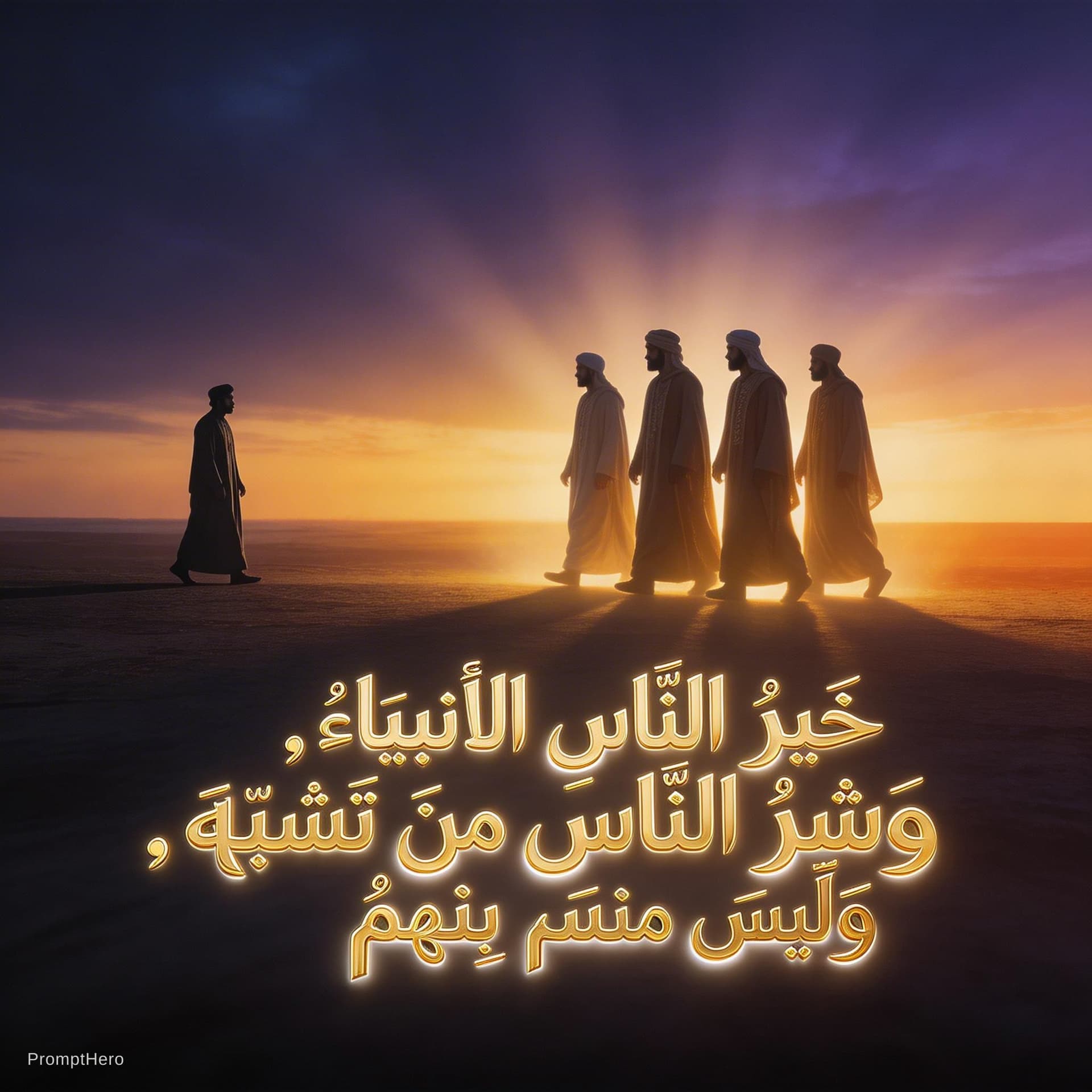 AI generated: Create a vertical 9:16 majestic Islamic design.

Scene:
Silhouettes of noble figures walking toward ...