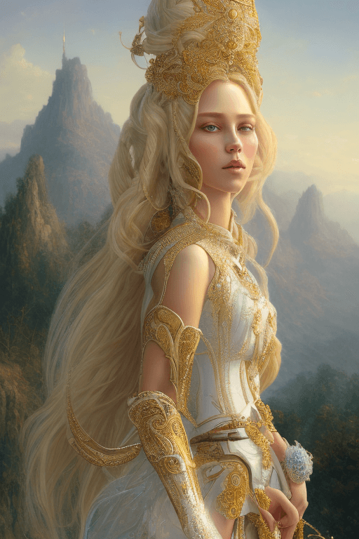 AI generated: portrait of a humanoid princess with long blonde hair, standing next to a beautiful view, ornate whi...