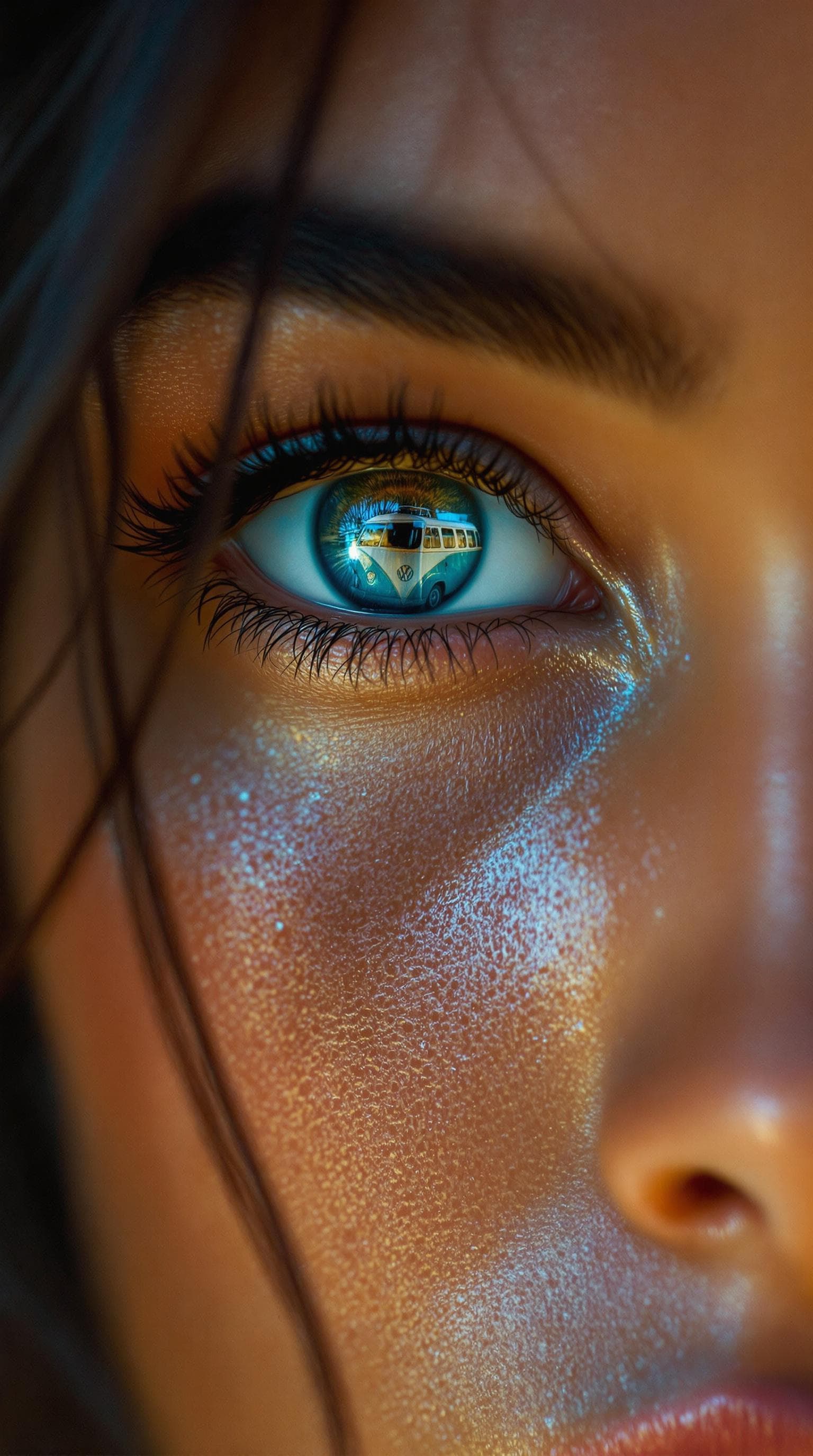 AI generated: a photo realistic close up photo of a beautiful Brazilian dark haired woman's  eyes.eyes are  reflec...