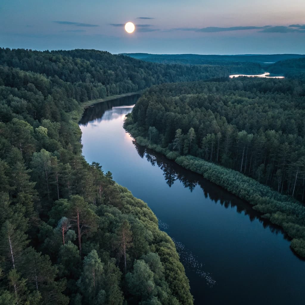 AI generated: vista aerea de uma floresta cortada por um rio, exibindo a o reflexo da lua 
