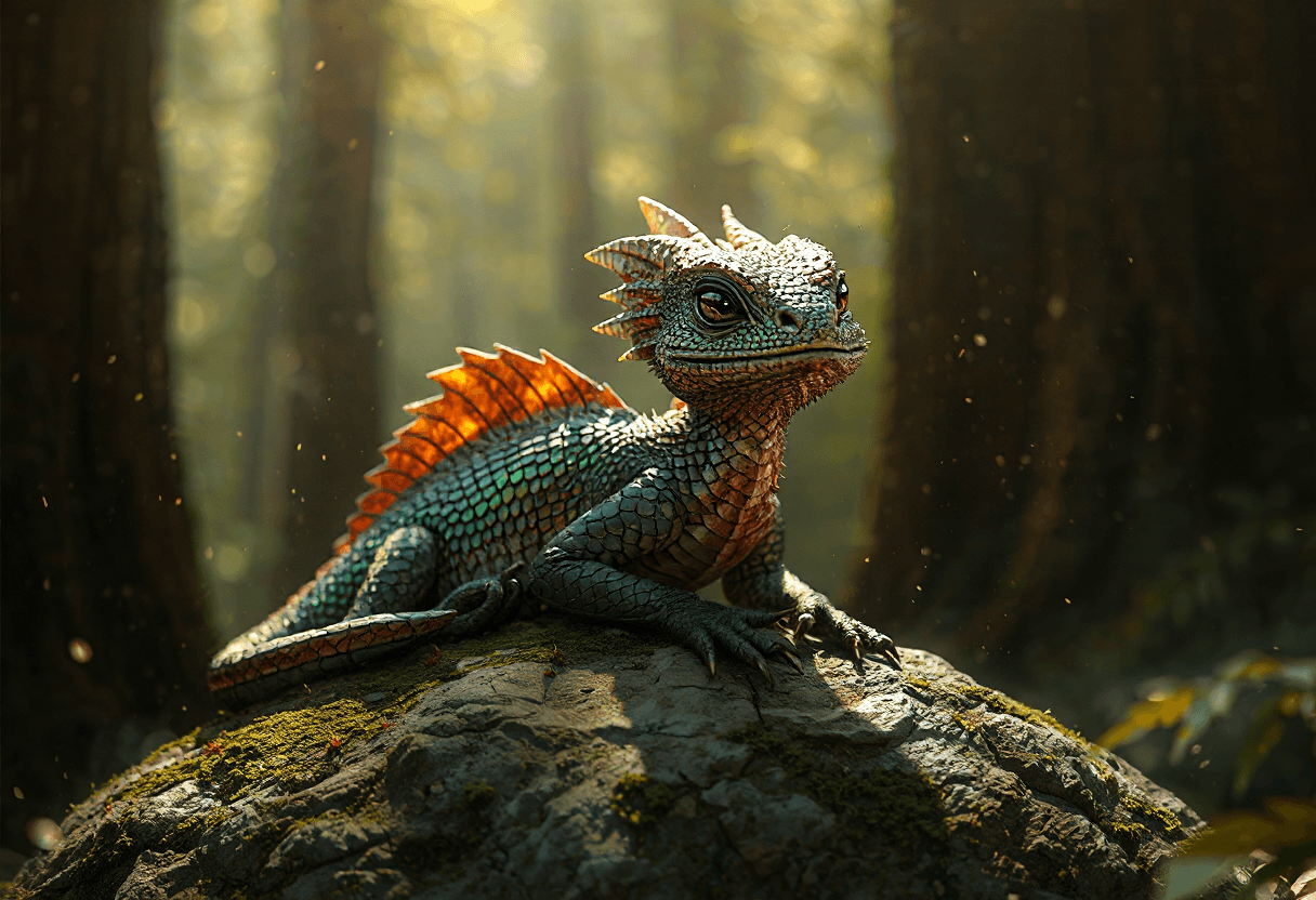 AI generated: A majestic hatchling dragon, its scales iridescent in the dappled sunlight filtering through ancient...