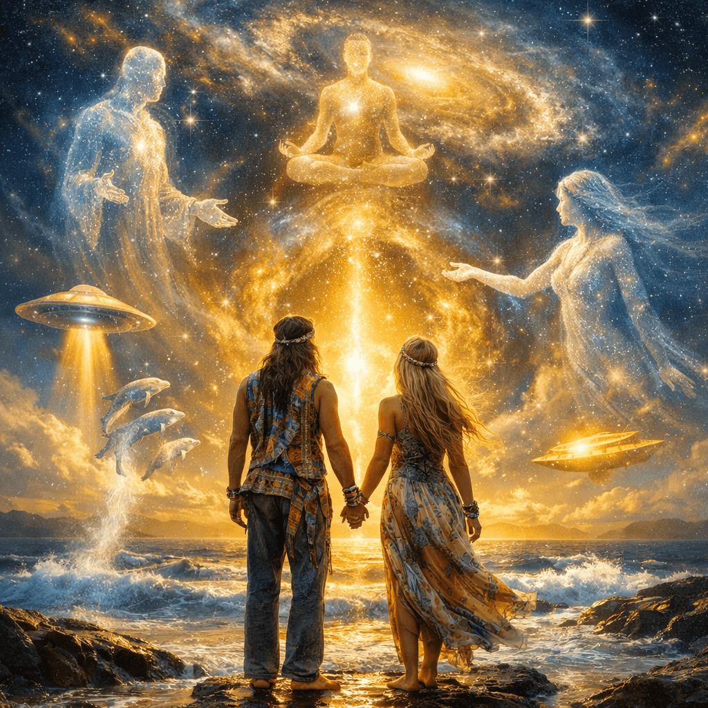 AI generated: An interaction of the cosmic evolution of a man and woman hippie, and the universe, and their intera...