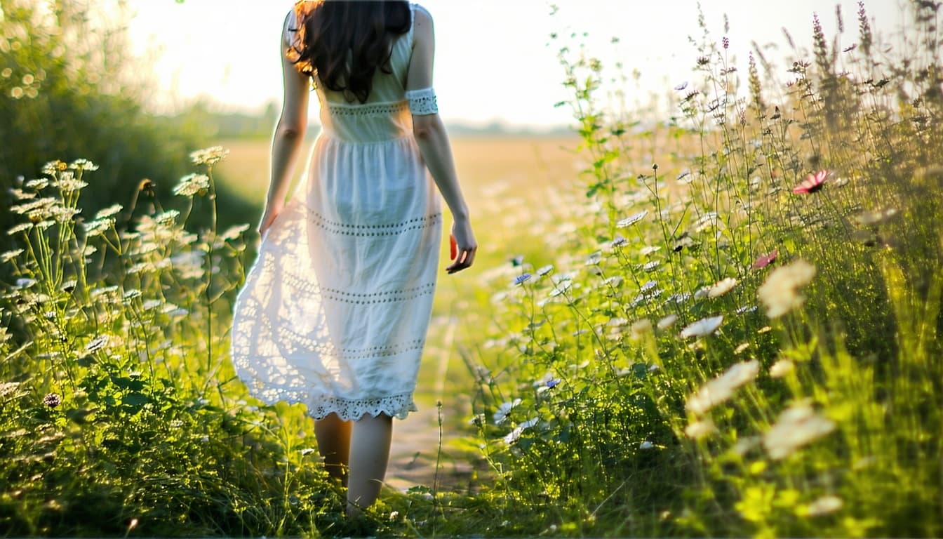 AI generated: Where Flowers Sleep and Sunbeams Glide, She Walks the Meadow by the Quiet Tide