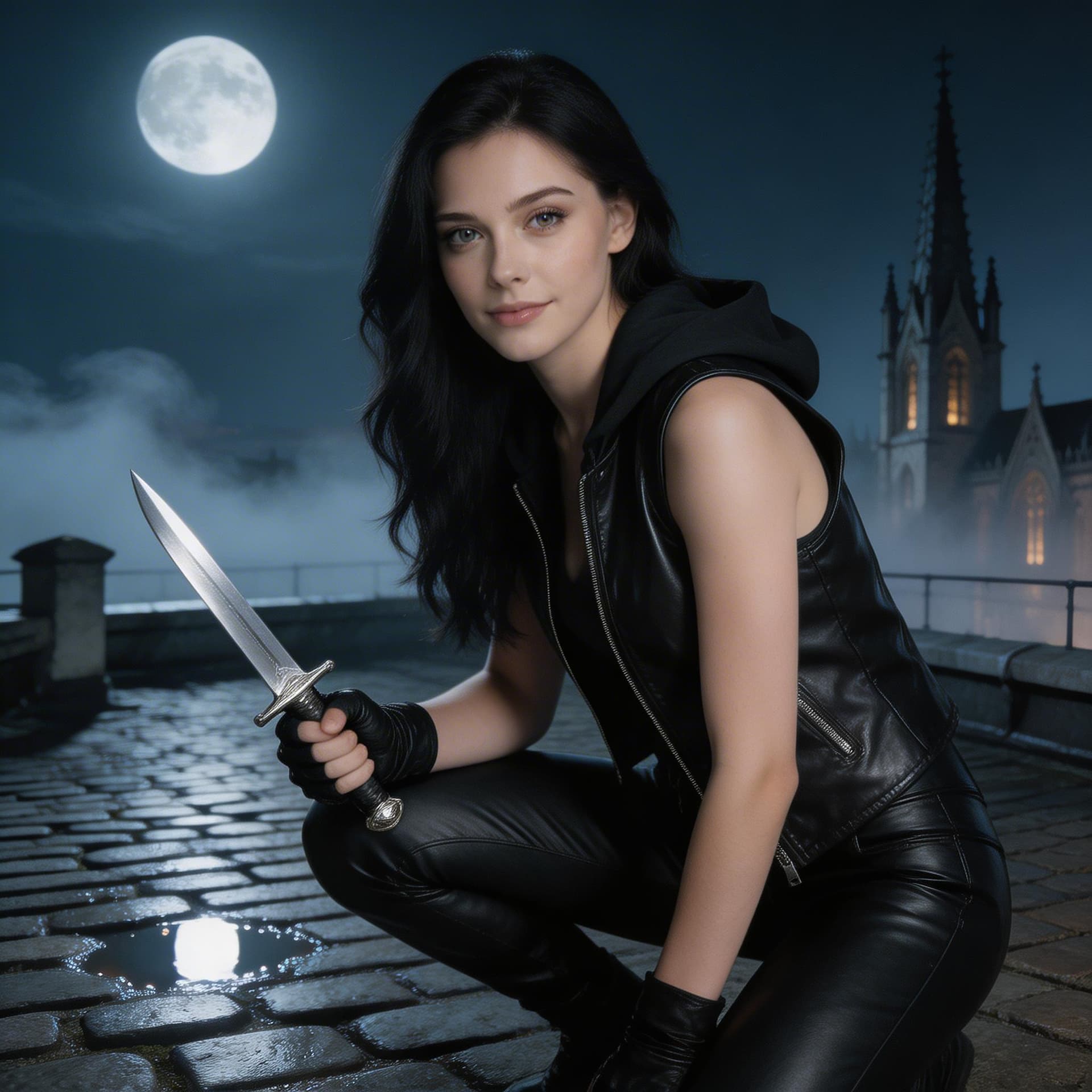 AI generated: A slim, athletic black-haired young female with long, glossy hair cascading over her shoulders crouc...