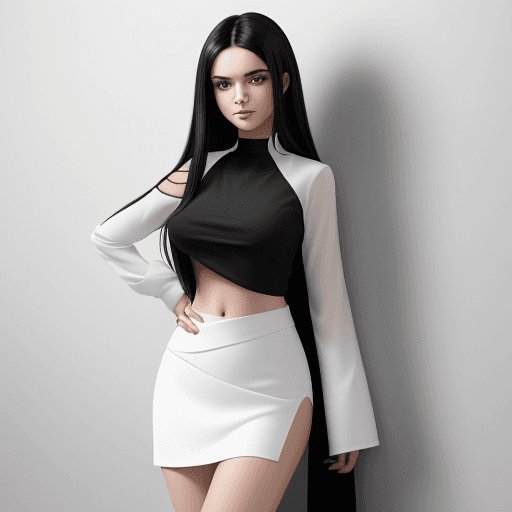 AI generated: The image shows a woman posing in front of the camera against a monochrome wall. She is wearing a wh...