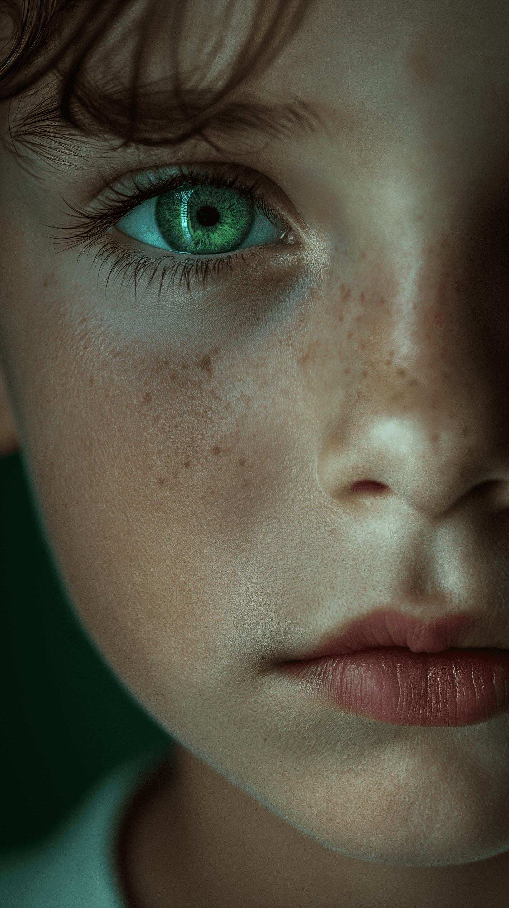 AI generated: photography, front shot, face close-up, professional 4years old boy, gaze, solid green backdrop, cap...
