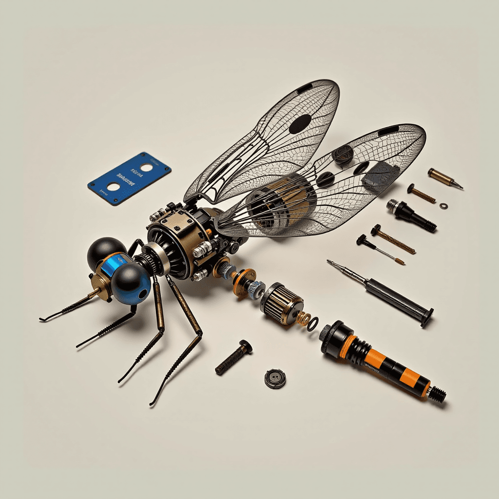 AI generated: Deconstructed Gadget: "Exploded view of a complex mechanical dragonfly, all components meticulously ...