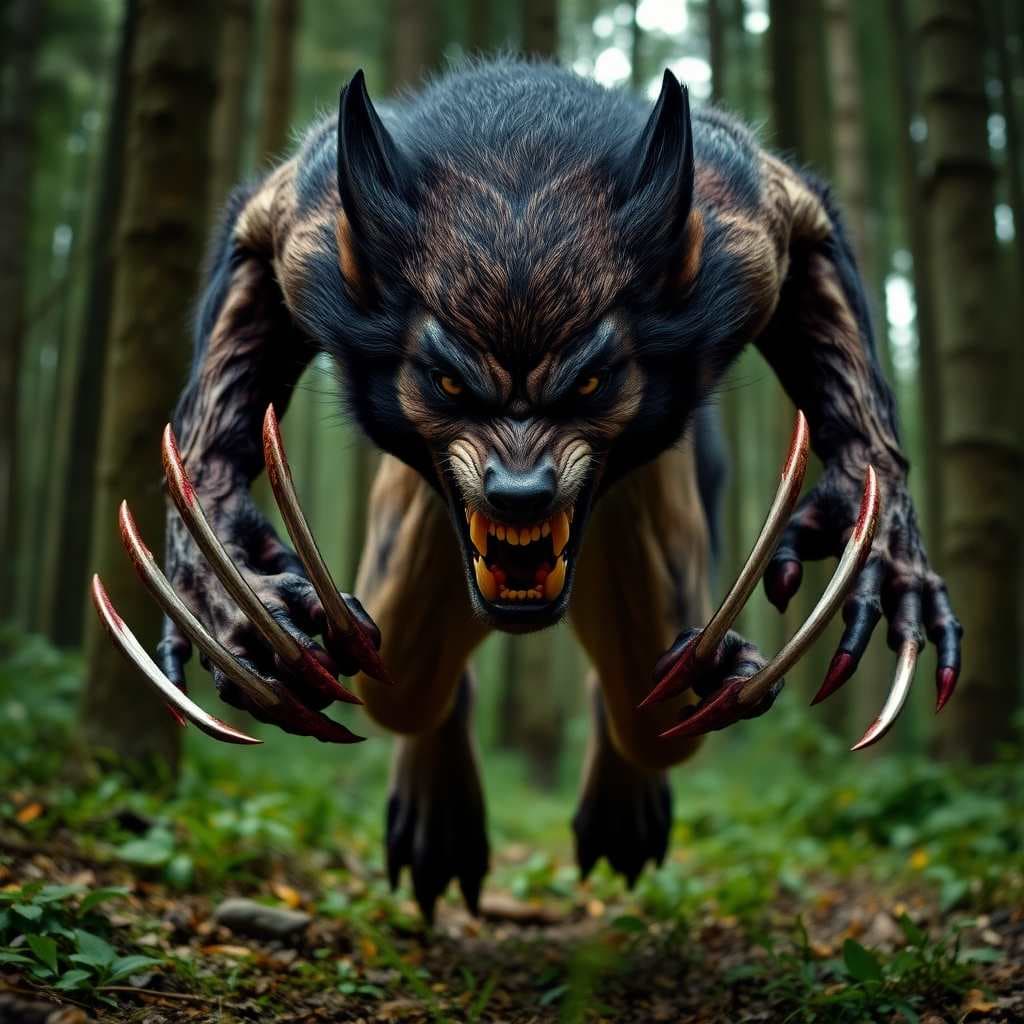 AI generated: Wolfverine X Men, photograph, in the forest, jumping forward with bloodstained adamantium claws, ang...