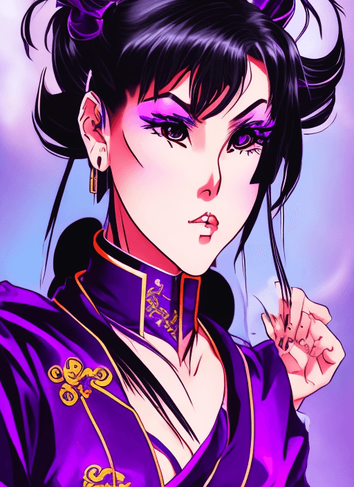 AI generated: 80s anime style Chun Li, full body, standing, solo, adult woman, goth, wearing a complete purple kim...
