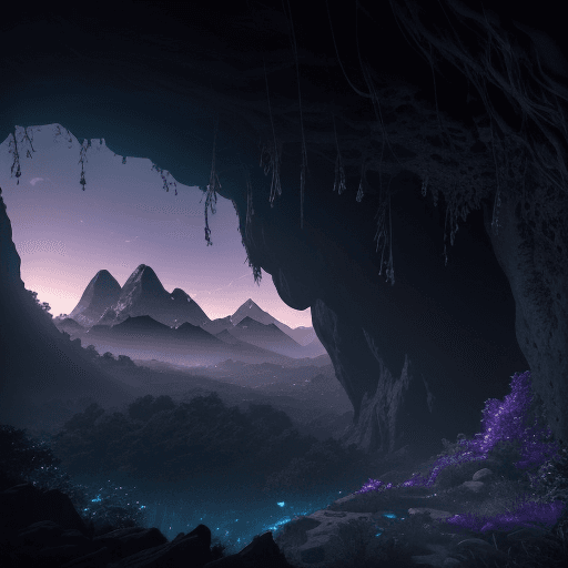 AI generated: ultra realistic realistic photo looking out the mouth of a cave that has vines and roots hanging fro...