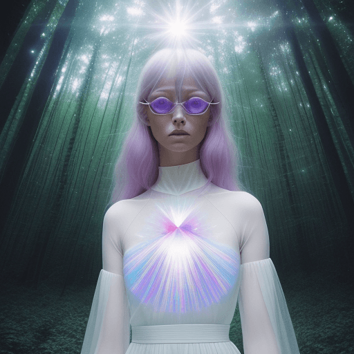 AI generated: a woman standing next to a tree in a forest, dichroic prism, margiela campaign, david hamilton, insp...