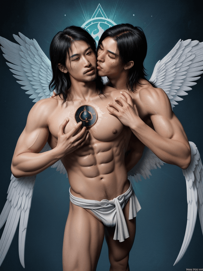 AI generated: a ((tarot card)) depicting ((an asian Archangel)), as ((one fully bare big muscular male beast)), fu...