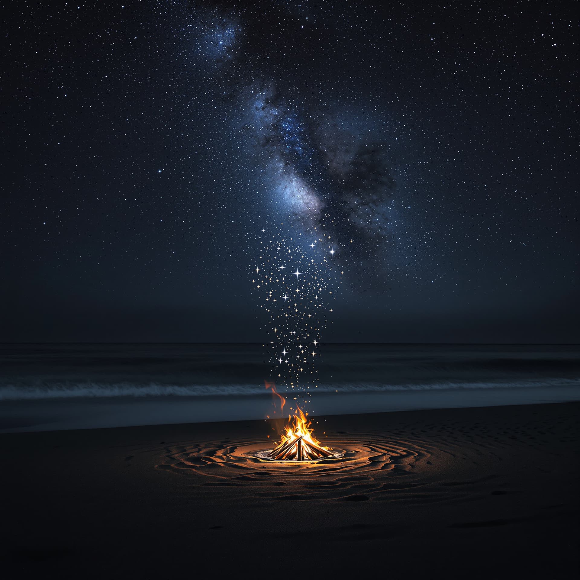 AI generated: The starry sky shines on the beach, with dark gray sand and shallow water in front of it. A beautifu...