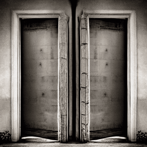 AI generated: High resolution photography, a succession of doors opened to another doors, beautifull landscpe back...