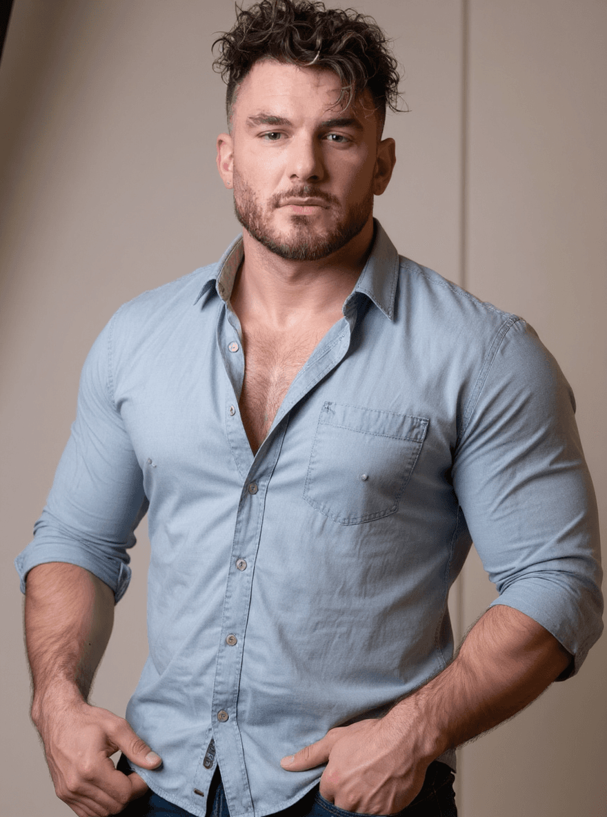 AI generated: Un homme mûr, viril et musclé, photographié en studio en 2025 avec un iPhone haut de gamme. Il porte...