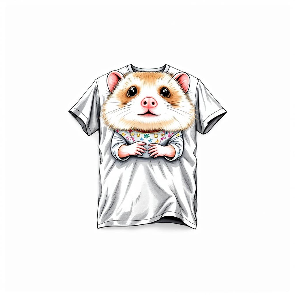 AI generated: Isolated on a white background, a T-shirt with the image of a fashion illustration of a hampster



