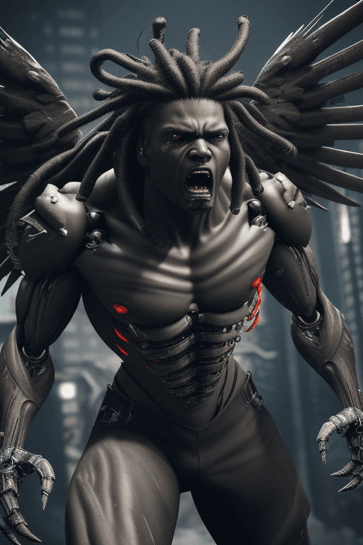 AI generated: professional 3d model (mechanical angel), aggressive looking, savage looking, finely detailed, bruta...