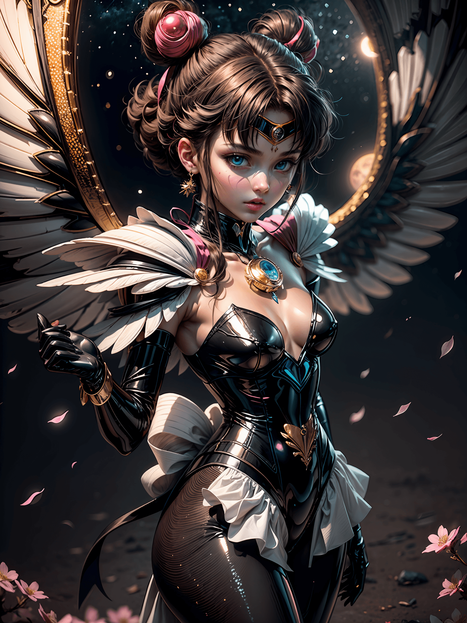 AI generated: 1girl, eternal sailor moon, night sky, cherry blossoms, detailed face, face focus, shiny skin, game ...