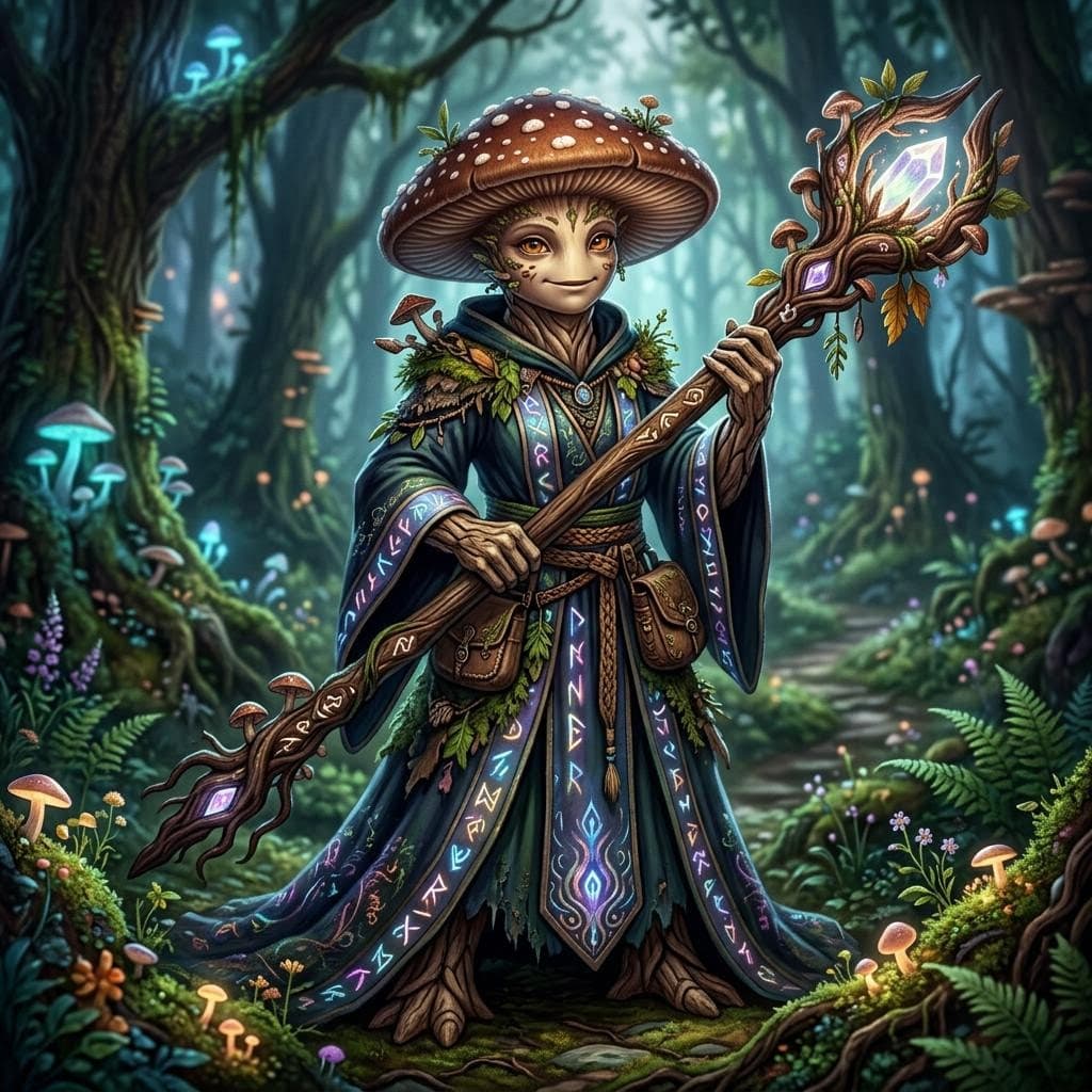 AI generated: A female mushroom person witch holding a two handed staff and wearing robes with iridescent runes st...