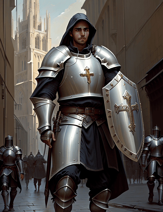 AI generated: young male cleric with shield and heavy armor, in street in front of cathedral, with curious face, b...
