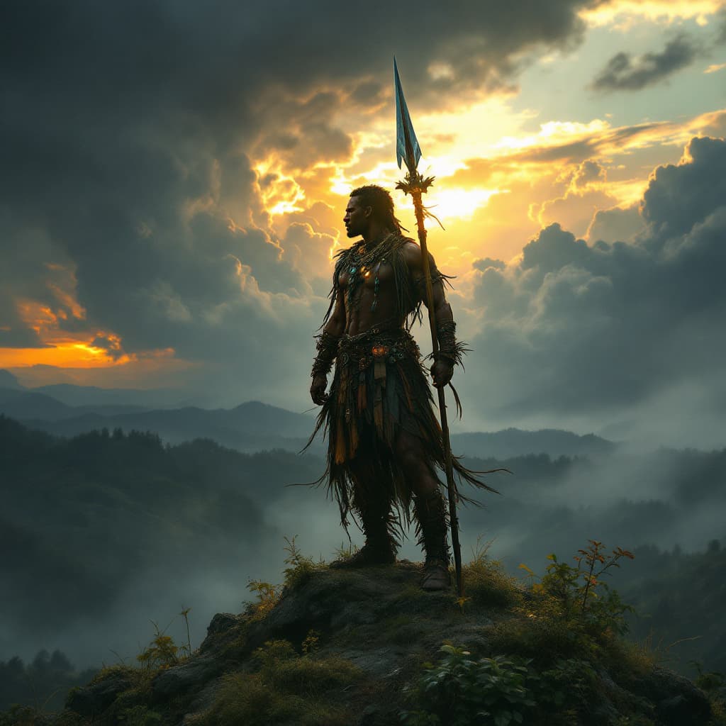 AI generated: Legendary Mau Mau warrior standing atop a sacred hill, cloaked in traditional battle armor of leathe...