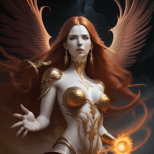 AI generated: heavenly beautiful hyper realisticroyal Phoenix woman with long red windblown hair and scale wings, ...