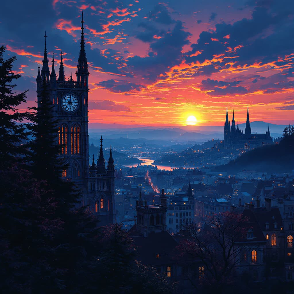 AI generated: Gothic sunset city view 