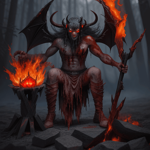 AI generated: demon, shattered face, blood eyes, wedge, fire ring,12k
