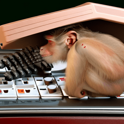 AI generated: Anthropomorphic Rhesus macaque, doing calculations with a Hispano Olivetti Model Multisuma 20 calcul...