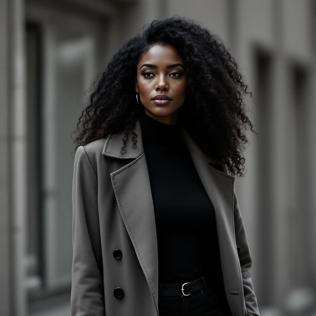AI generated: A 32-year-old African-American woman with smooth dark skin and long curly hair, center-parted, weari...