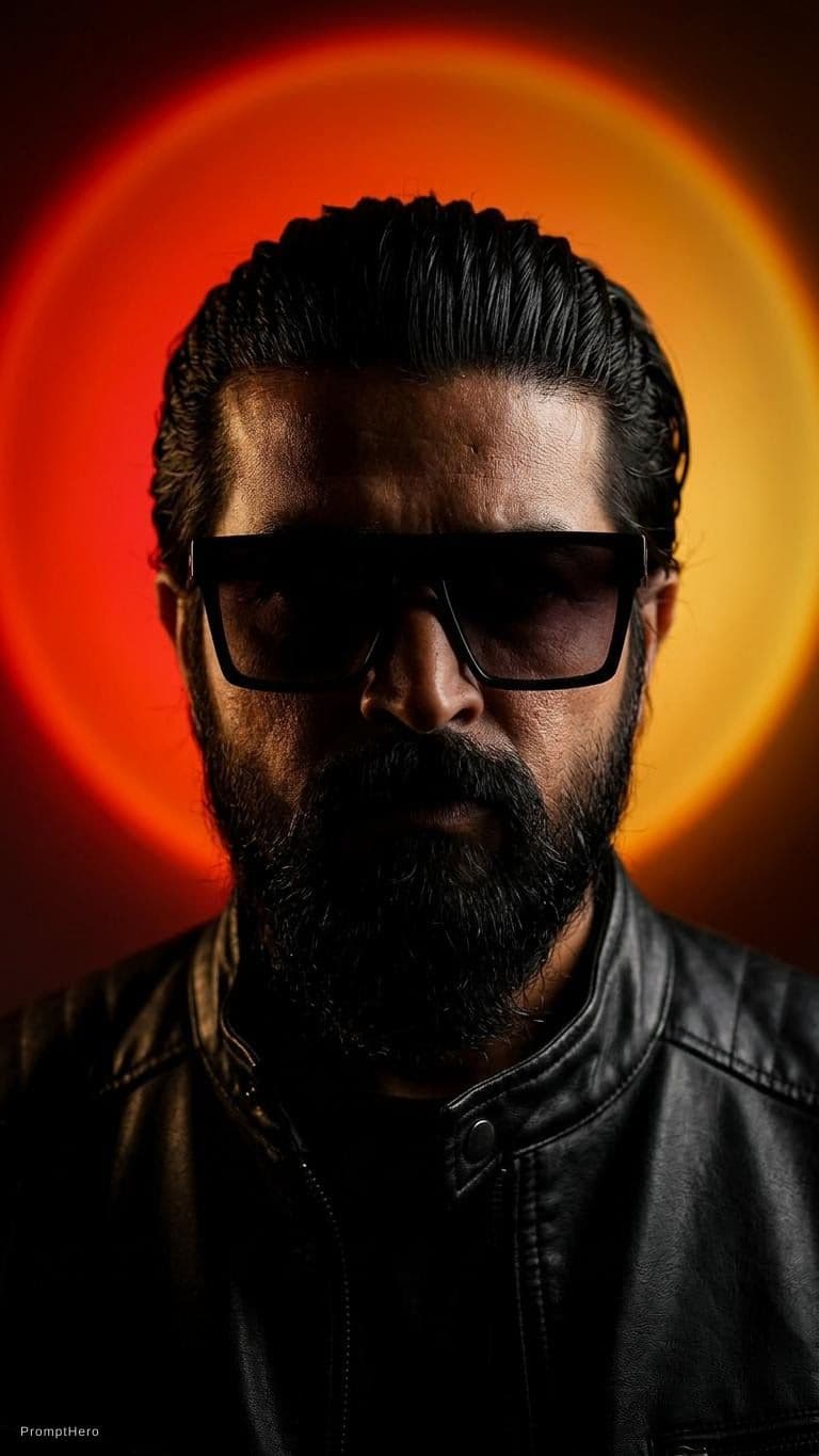 AI generated: A person with slicked-back dark hair wearing oversized square sunglasses is shown in a dramatic, cin...