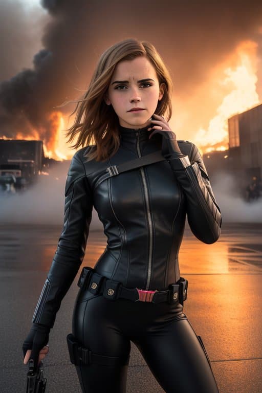 AI generated: full body photo of Emma Watson as Black Widow, film still, black leather outfit, building burning in...