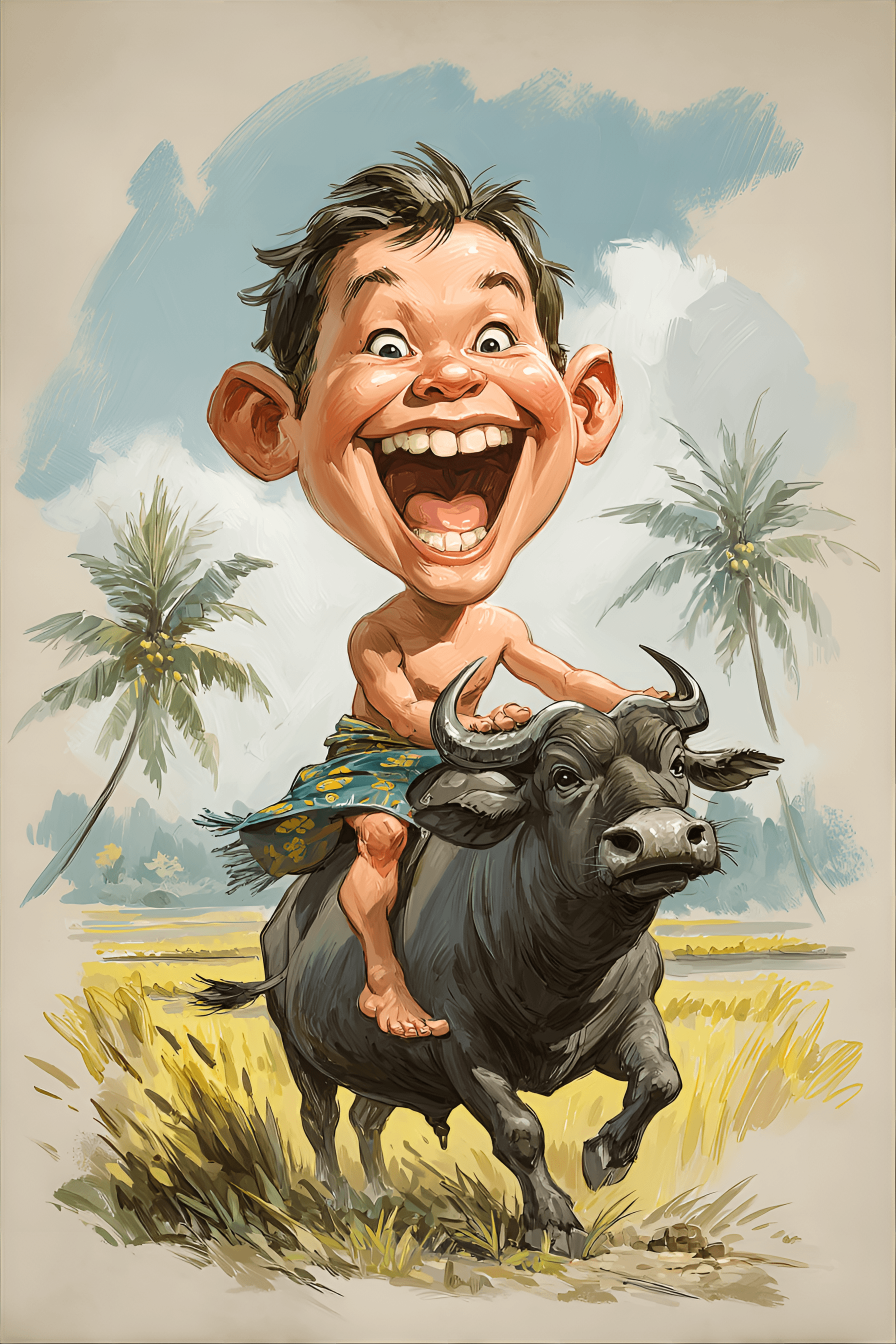 AI generated: funny caricature, cheerful cartoon boy, 8 years old, excited, wide-eyed, grinning, round-faced figur...