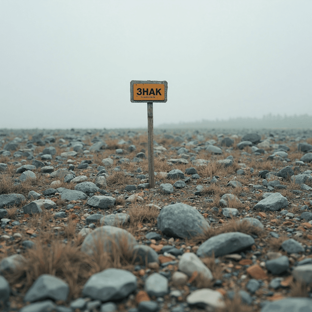 AI generated: in the middle of nowhere a dull lifeless rocky landscape in the middle of it there is a sign with te...