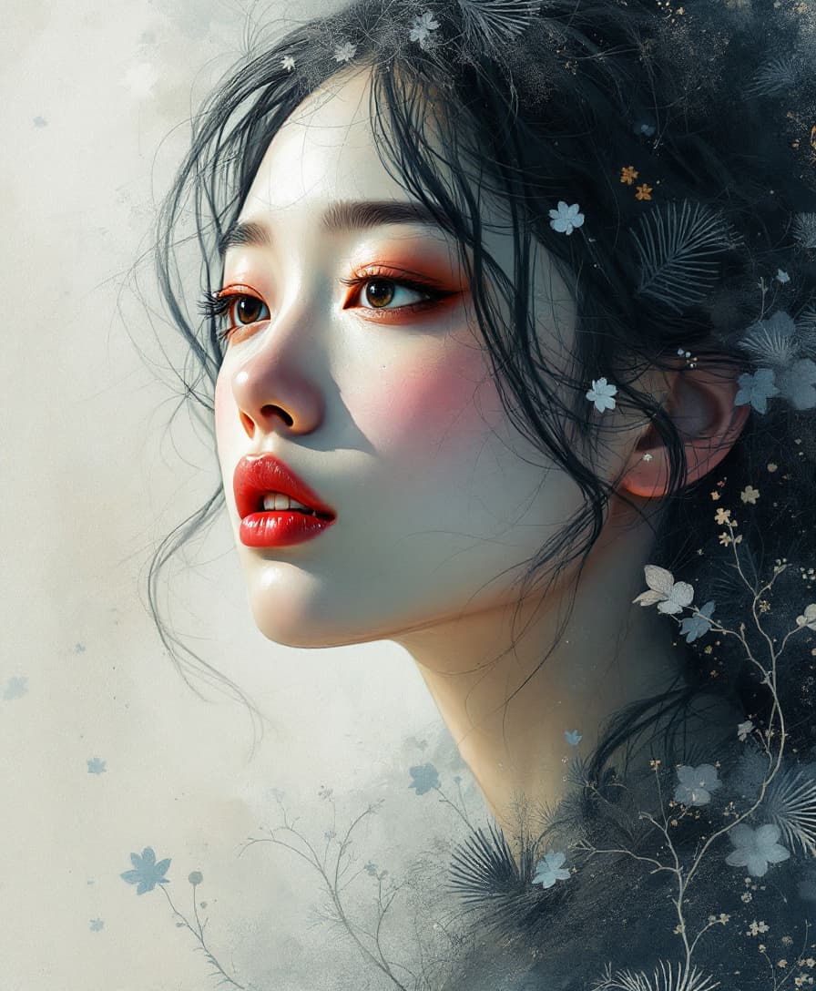 AI generated: a dreamy, abstract painting artwork portrait of a japanese woman 25 years old with her head in full ...