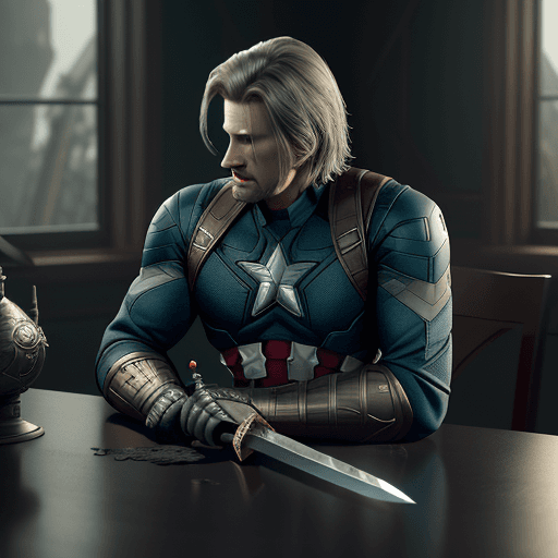 AI generated: sword on the table with the design and character of captain america The sword is gold and grey dark,...