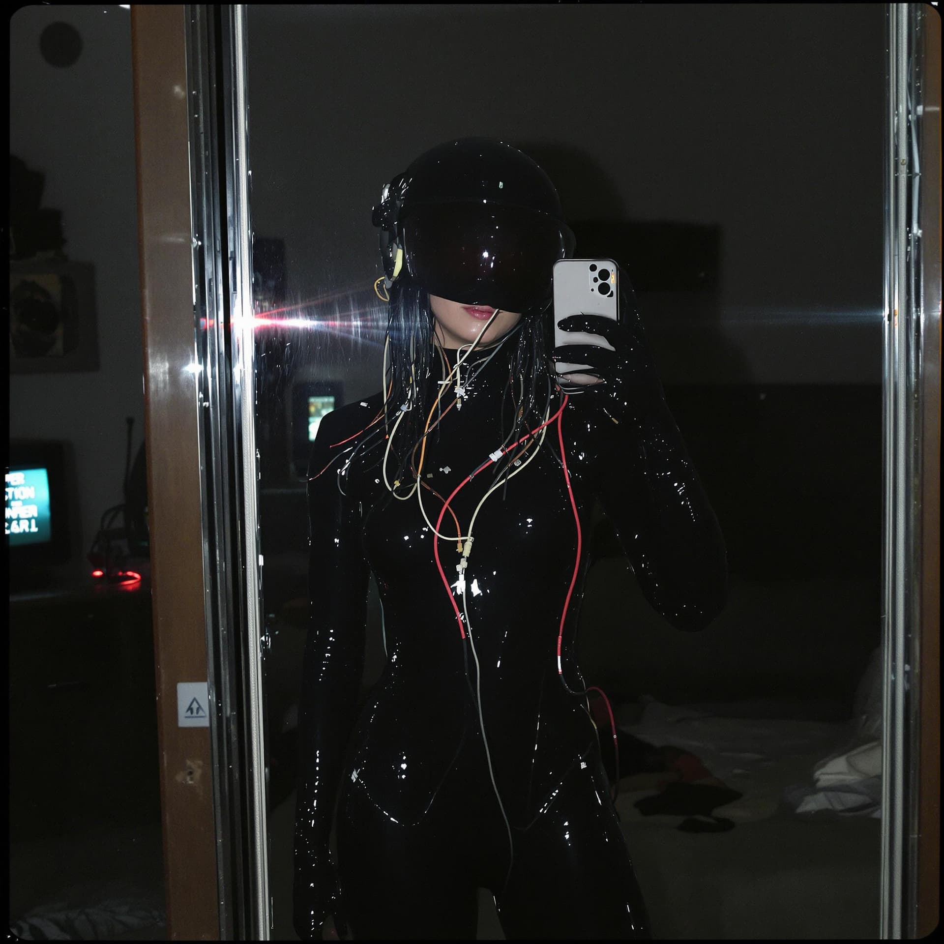 AI generated: mysterious female figure in a glossy black latex bodysuit stands in front of a mirror, capturing a s...