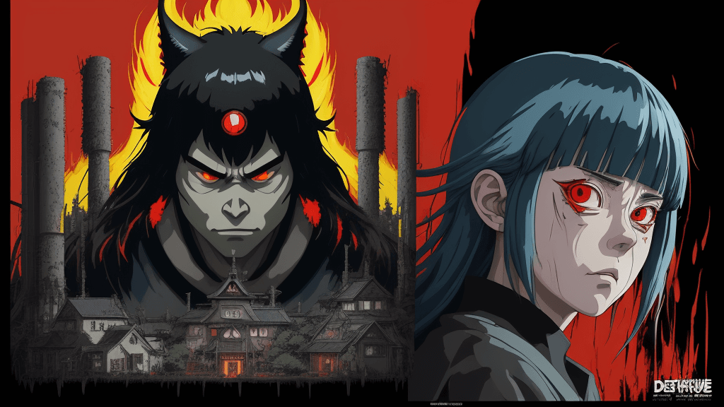 AI generated:  Studio Ghibli type. A wide angle 16k poster with of evil ghibli flash  in a killing spree, extremel...