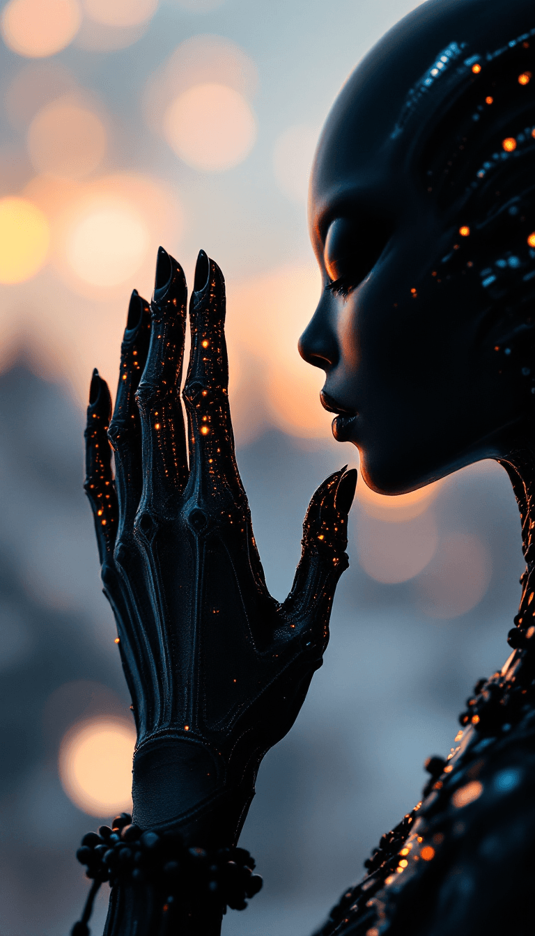AI generated:  extreme closeup of an alien's hand elegantly touching a woman aliens beatiful hand. The silhouettes...