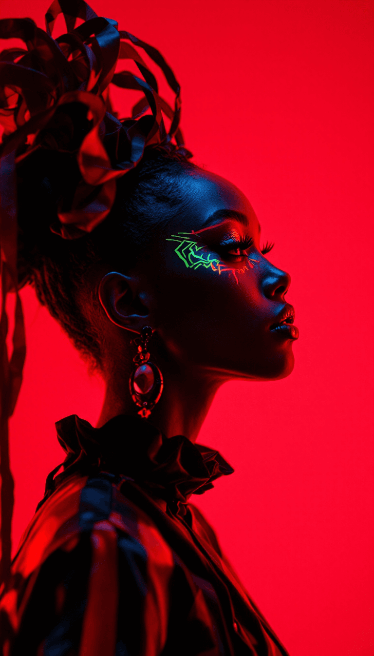 AI generated: side profile of a cute girl with colorful makeup under a luminescent red light, sharp relief against...