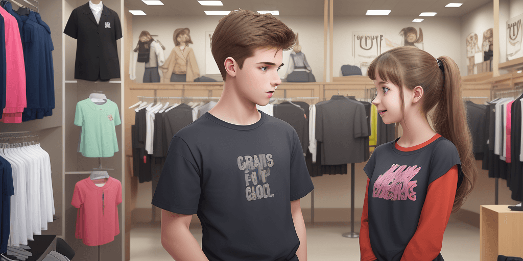 AI generated: Create a graphic that shows a male and female grade school student talking at clothing store