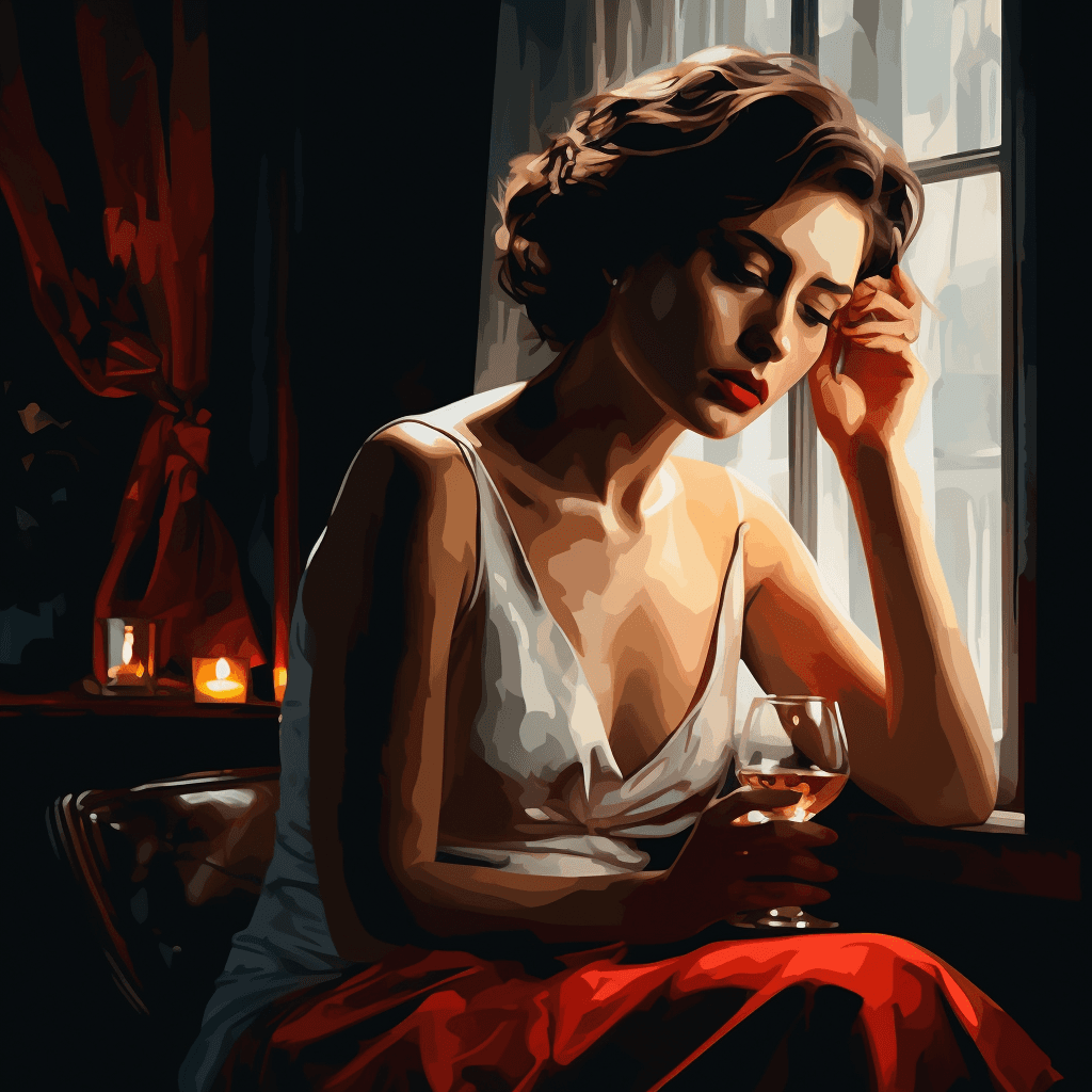 AI generated: 1960s, Depressed woman drinking alcohol in a dim lit room with curtain shades shining off her, In th...
