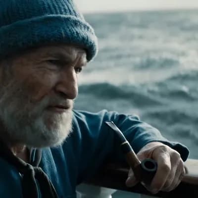 AI generated video: A medium shot frames an old sailor, his knitted blue sailor hat casting a shadow over his eyes, a th...