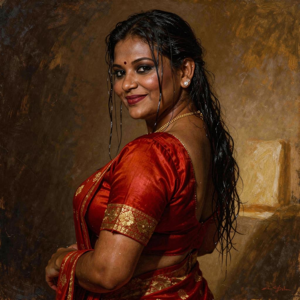 AI generated: Indian woman in a sari posing for a picture, bare back, sexy gaze, dark strokes, no watermarks, bron...